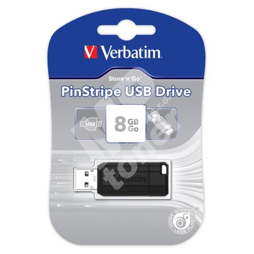 Verbatim USB flash disk, USB 2.0, 8GB, PinStripe, Store N Go, černý, 49062, USB A, s 1