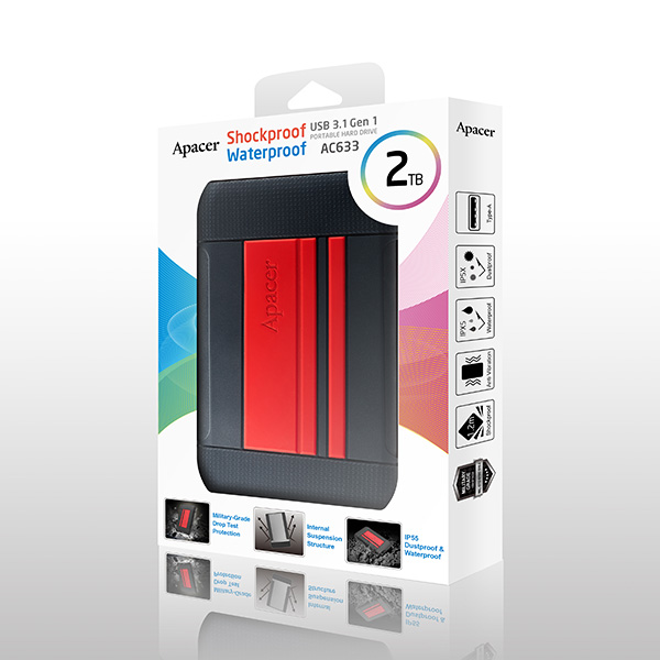 2TB Apacer AC633, Externí HDD 2.5" USB 3.0, odolný, červený