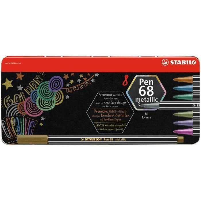 Fixy Stabilo Pen 68 metallic, 1,4 mm, kovová krabička, 8 metalických barev