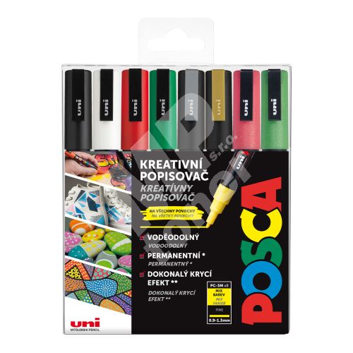 Sada kreativních popisovačů Uni Posca PC-3M, 8 ks, mix vánočních barev 1