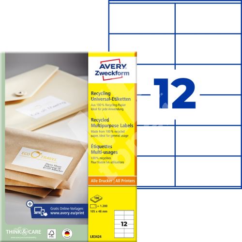Univerzální etikety recyklované AVERY 105x48 mm 100 listů A4 - LR3424 1