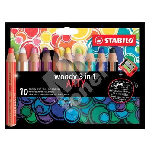 STABILO woody pastelky 3 v 1 ARTY - barvička, vodovka, voskovka - 10 ks + ořezávátko 1