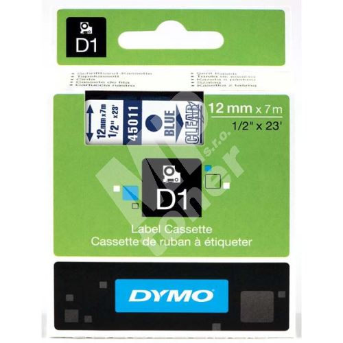 Páska Dymo D1 12mm x 7m, modrý tisk/průhledný podklad, 45011, S0720510 1