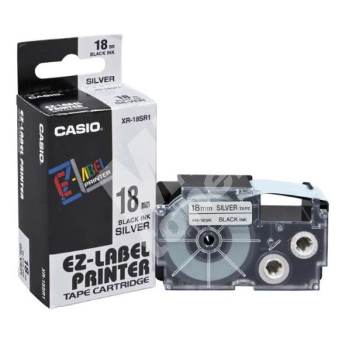 Páska Casio XR-18SR1 18mm, černý tisk/stříbrný podklad 1
