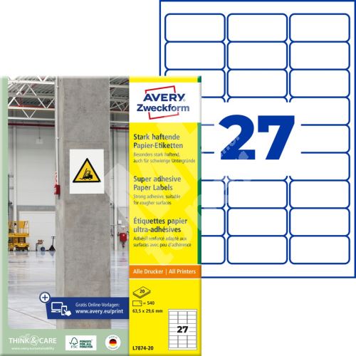 Super lepivé etikety 63,5 x 29,6 mm, 20 listů A4 L7874-20 1