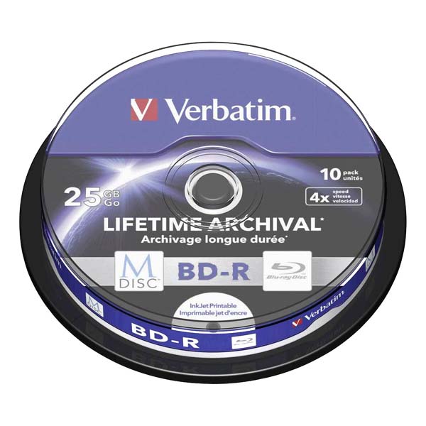 25GB Verbatim BD-R, M-DISC, pro archivaci dat, cake box, 43825, 4X, 10-pack