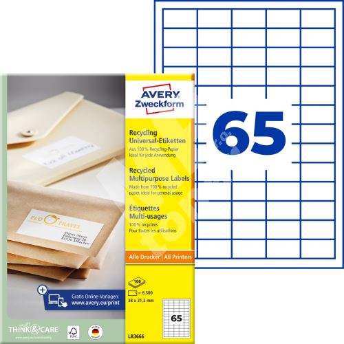 Univerzální etikety recyklované AVERY 38x21,2 mm 100 listů A4 - LR3666 1