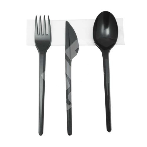 Set plastových příborů, černý nůž, vidlička, lžíce, ubrousek 1
