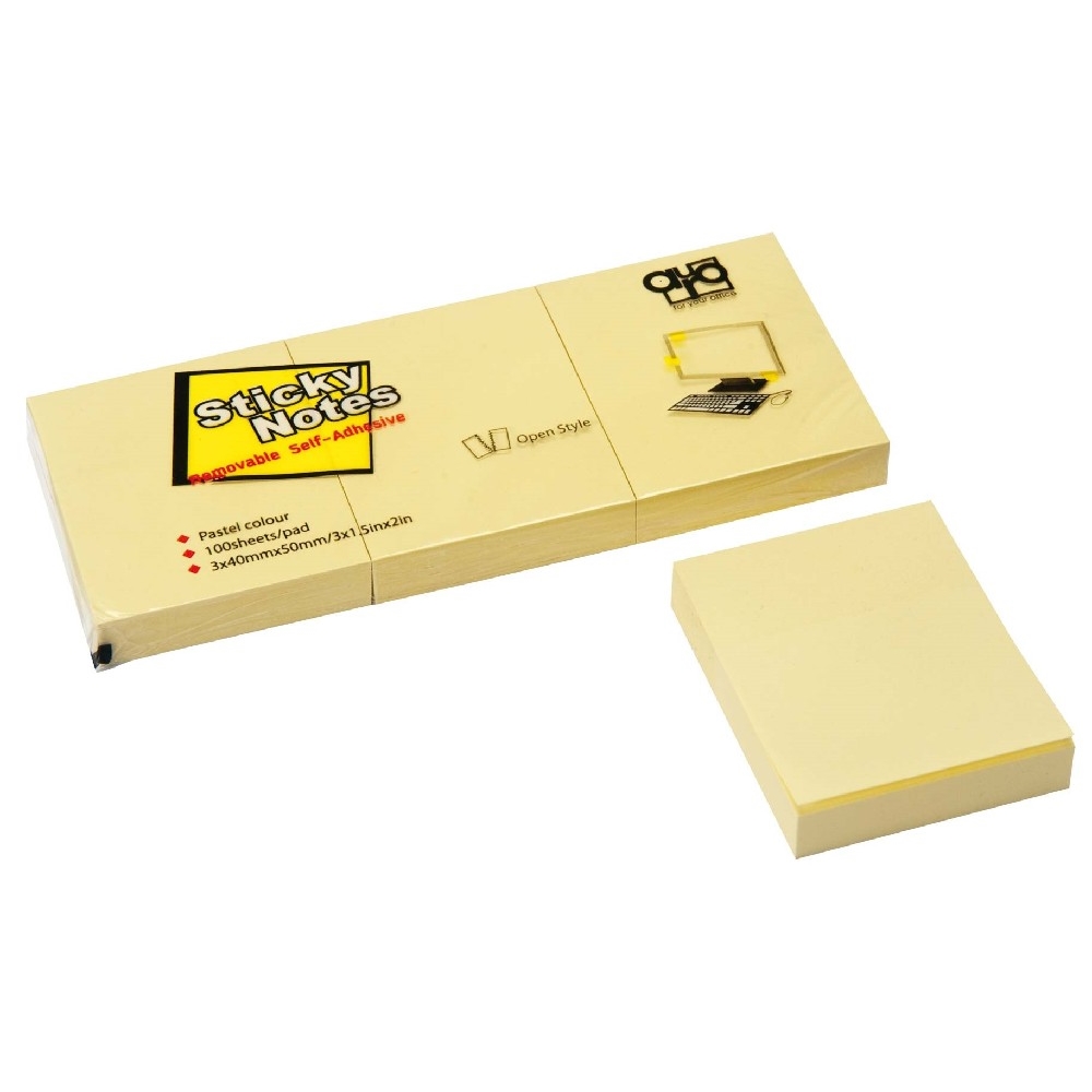 Samolepící bloček Auro 40x50mm, žlutý, 3x100lístků