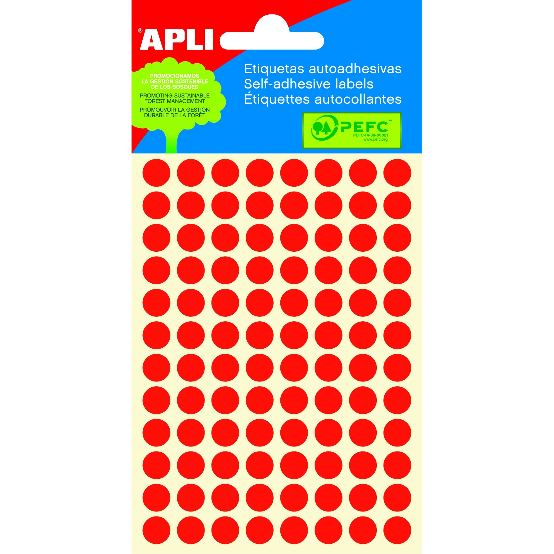 Samolepicí etikety Apli, kolečka 8mm, fluo červené