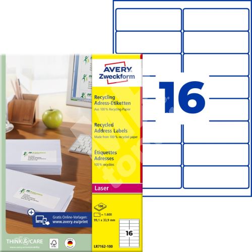 Recyklované adresní etikety 99,1 x 33,9 mm, 100 listů A4 LR7162-100 1