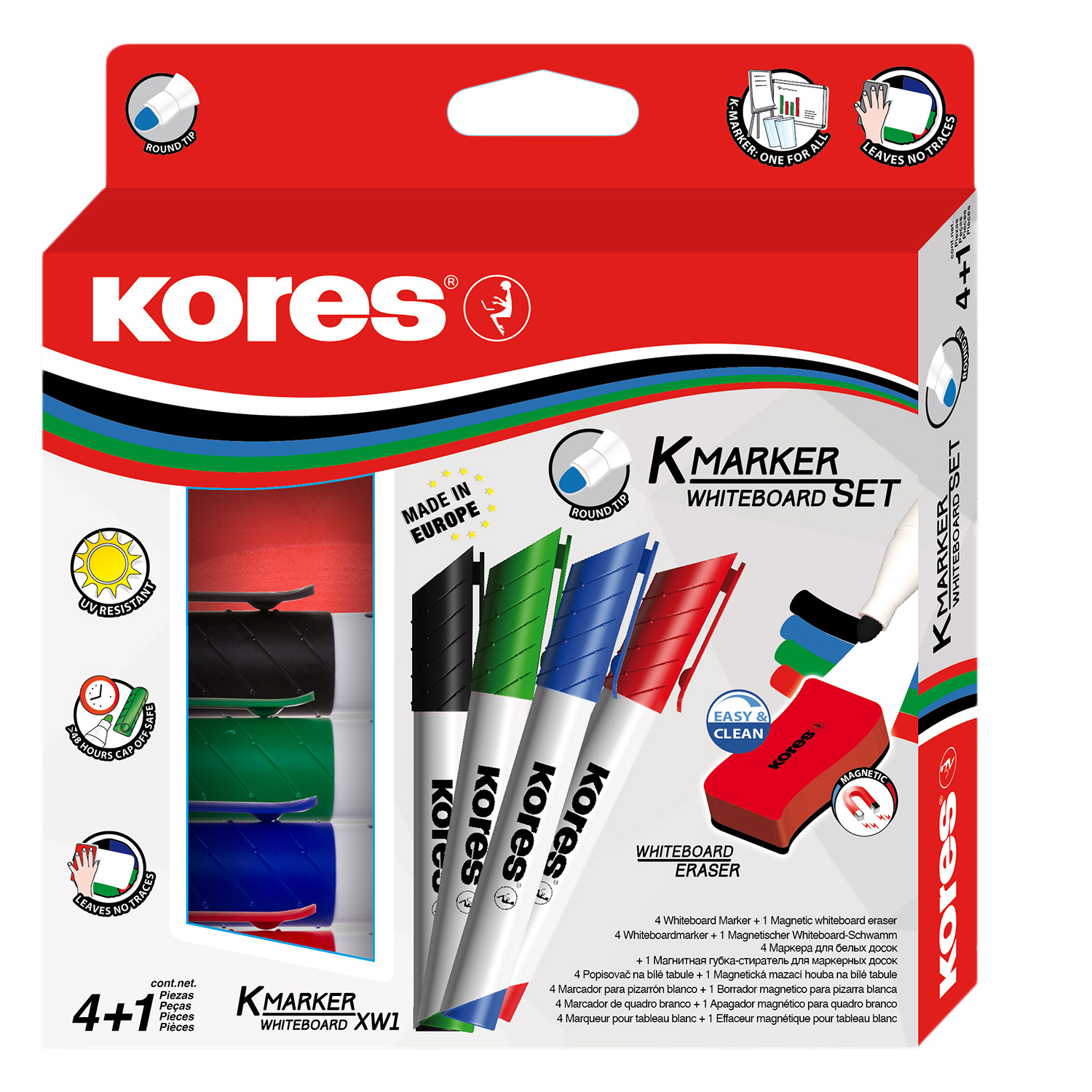 Sada popisovačů Kores K-Marker Whiteboard XW1, 4 barev, na tabule + mazací houbička
