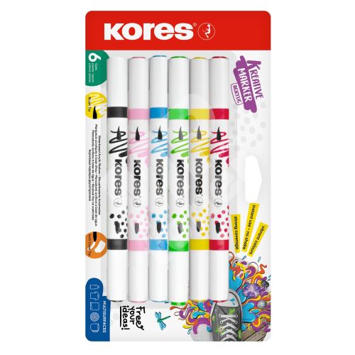 Akrylové popisovače Kores, oboustranný hrot 2 v 1, štětcový a konický, set 6 barev – 1