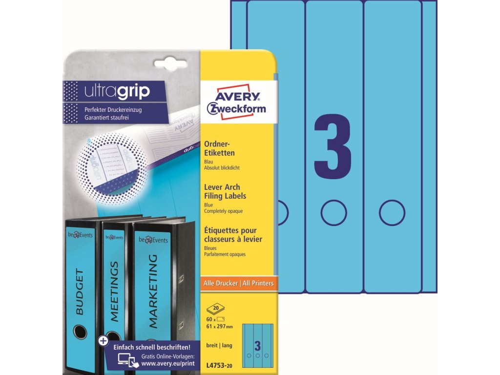 Barevné etikety na pořadače Ultragrip 61 x 297 mm, 20 listů A4, modrá L4753-20