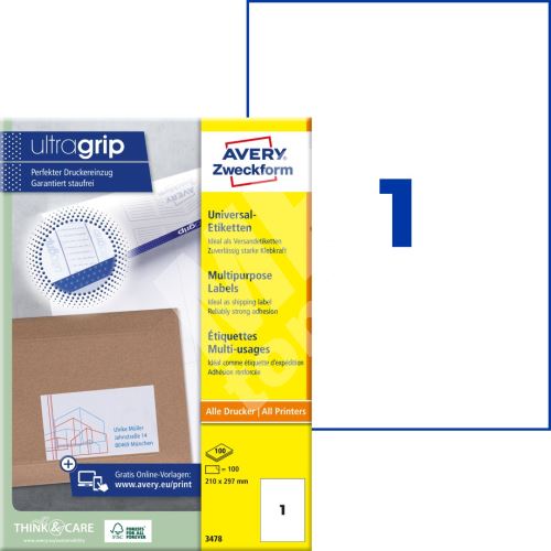 Univerzální etikety AVERY 210x297 mm 100 listů A4 - 3478 1