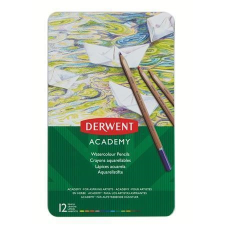 Akvarelové pastelky Derwent Academy, 12 barev, plechová krabička