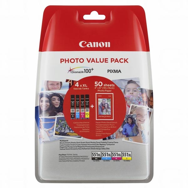 Inkoustová cartridge Canon CLI-551XL, iP7250, MG5450, MG6350, CMYK, 6443B006, originál