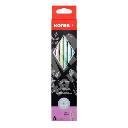 Kores Grafitos Style Metallic, trojhranná tužka HB, barevná pryž, 6ks 1