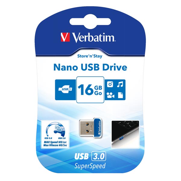 16GB Verbatim Nano Store'n'Stay, USB flash disk 3.0, 98709, modrá