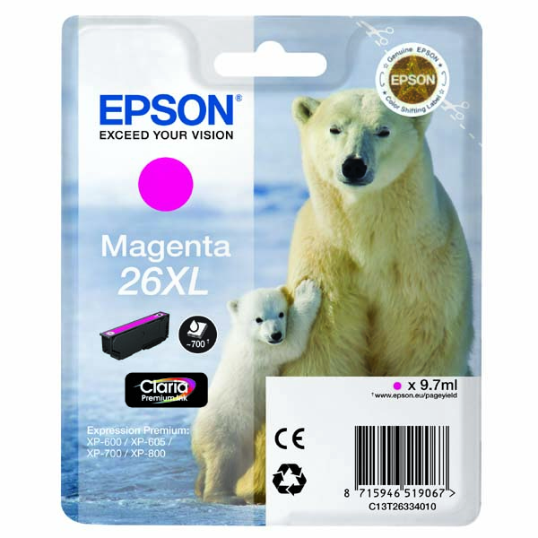 Inkoustová cartridge Epson C13T26334012, XP-800, XP-700, XP-600, magenta, 26XL, originál