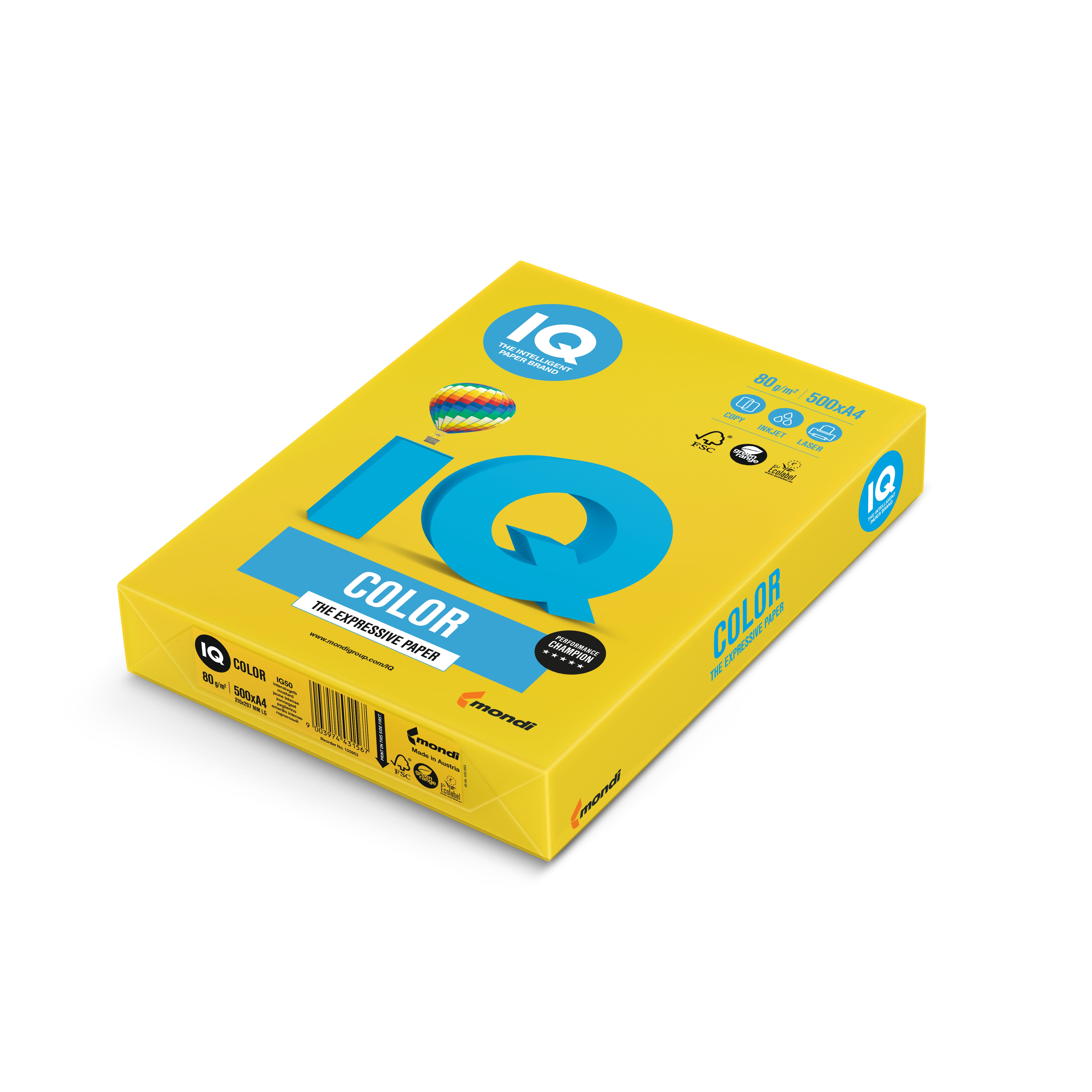Barevný papír IQ IG50, A4 160g intenzivní žlutá 1bal/250 listů