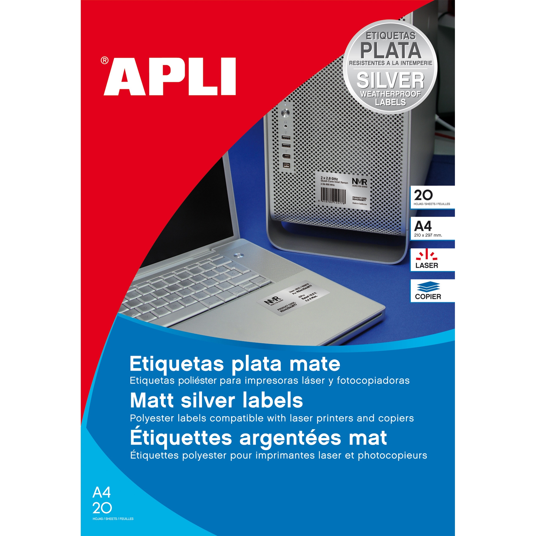Univerzální etikety voděodolné Apli, 210 x 297 mm, stříbrné, 20 listů