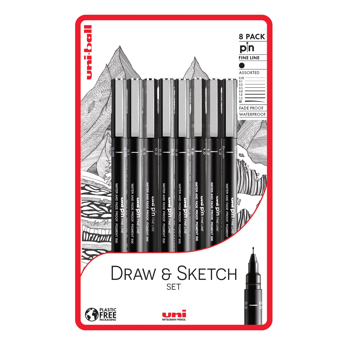 Sada 8ks linerů Uni Pin Draw and Sketch, černá (0,05/0,1/0,3/0,5/0,8/1,0/1,2/štětec)
